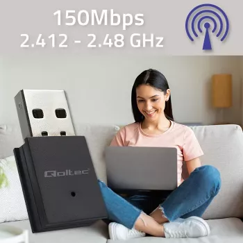 Belaidis mini USB Wi‑Fi adapteris QOLTEC 57007 — Vienos juostos 2,4 GHz, iki 150 Mbps, vidinė antena