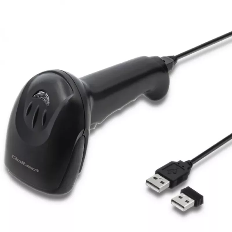 Rankinis brūkšninių kodų skaitytuvas QOLTEC 50868 — 1D/2D lazerinis skaitytuvas, USB laidinis ir belaidis, skaitymo atstumas 600 mm, juodas