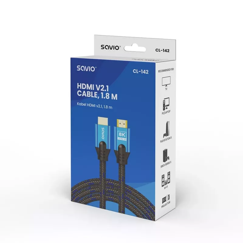HDMI laidas Savio CL-142 v2.1 1,8 m, HDMI Type A tėvas–tėvas, auksuoti kontaktai, juoda/mėlyna