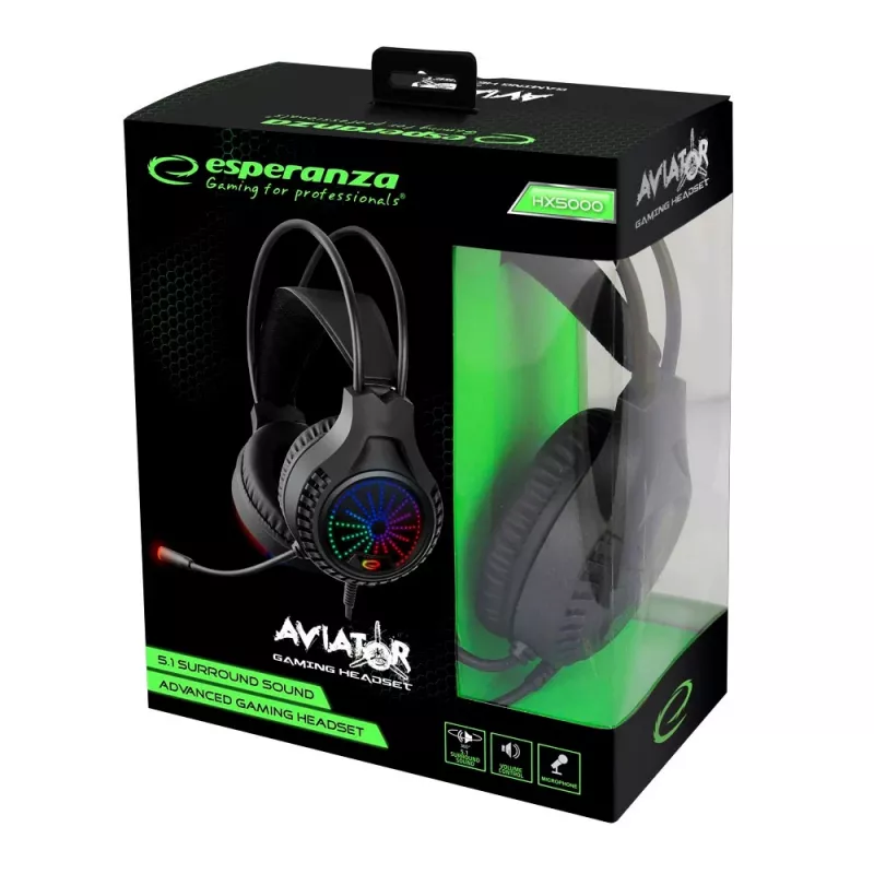 Laidinės žaidimų ausinės ESPERANZA EGH5000 — antausinės, USB 2.0, 20–20 000 Hz, 32 Ω, 105 dB, 1,5 m laidas, lankstus mikrofonas