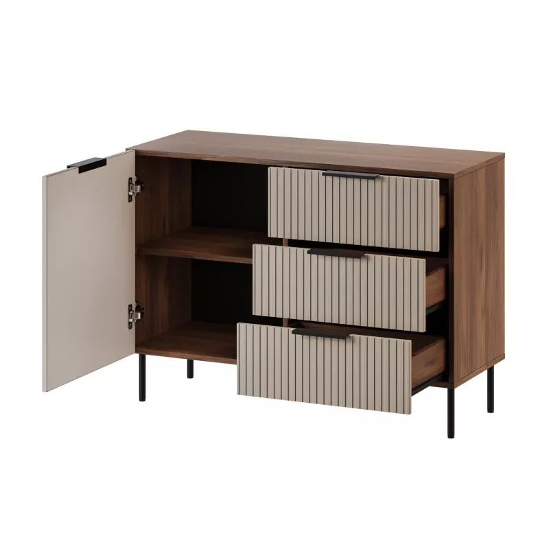 Komoda cama meble ALMERA 104x42x75 cm, riešutmedžio/kašmyro spalvos, 3 stalčiai, medžio drožlių plokštė