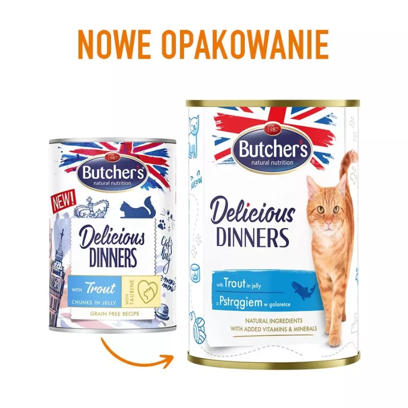 Šlapias kačių maistas Butcher's Pet Care Delicious Dinners 400 g — upėtakio skonio, suaugusioms katėms, be konservantų, be glitimo