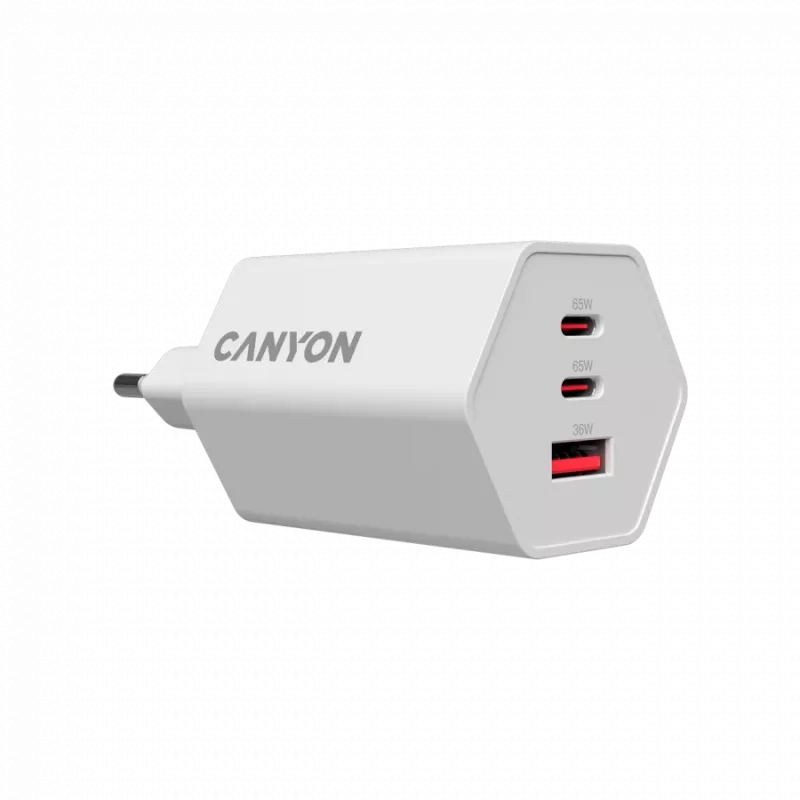 CANYON įkroviklis HEXAGON 65 GaN 65W 2xPD 1xQC EU baltas CND-CHAHEX65W