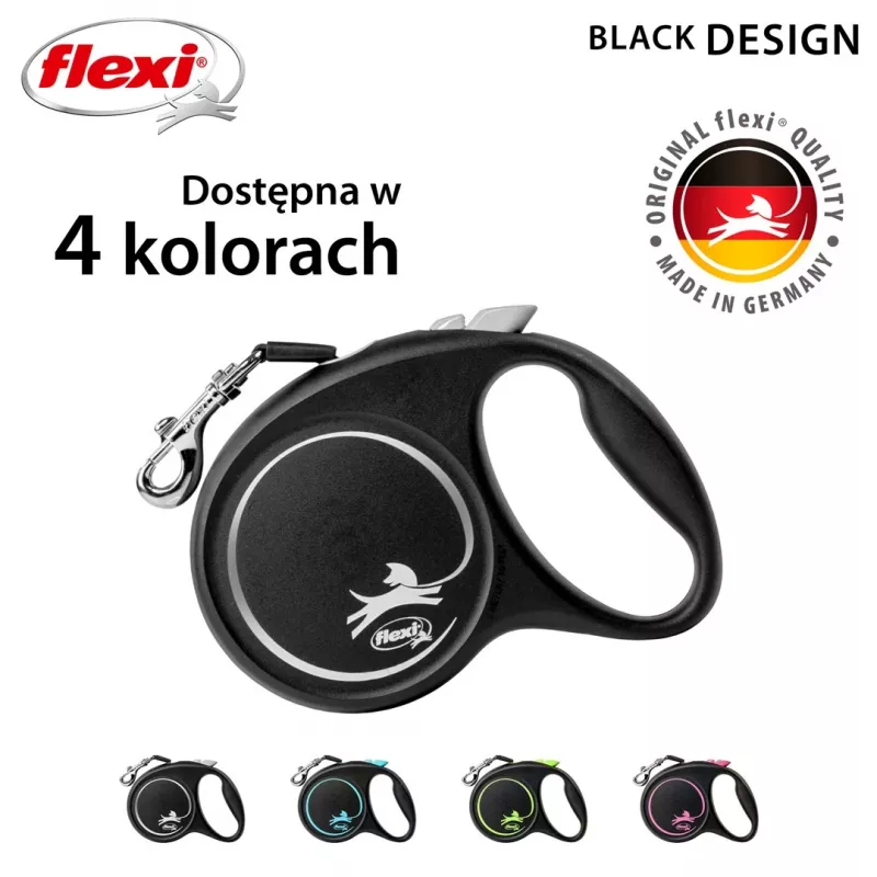 Ištraukiamas šuns pavadėlis Flexi Juoda Design M, juostinis pavadėlis, 5 m, vidutinėms veislėms (10–25 kg), maks. apkrova 20 kg