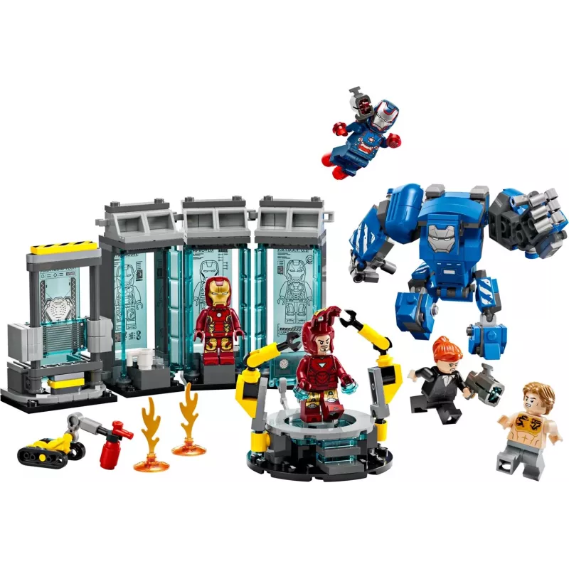 LEGO rinkinys „Marvel Iron Man's Laboratory Hall of Armor 76315“ — 384 detalės, 5 minifigūrėlės, ekspozicijos vieta