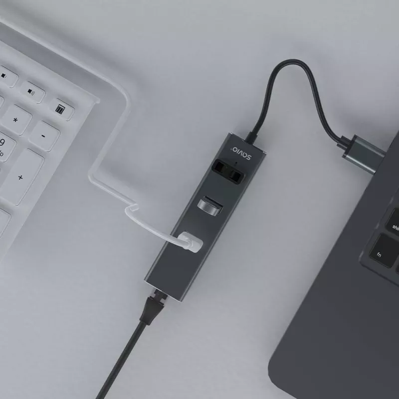 SAVIO USB-A šakotuvas su RJ-45 Gigabit Ethernet AK-57 — 3× USB-A + RJ-45, USB 3.2 Gen 1 Micro‑B prieglobos prievadas, 5 Gbit/s, 4 prievadai, pilkas