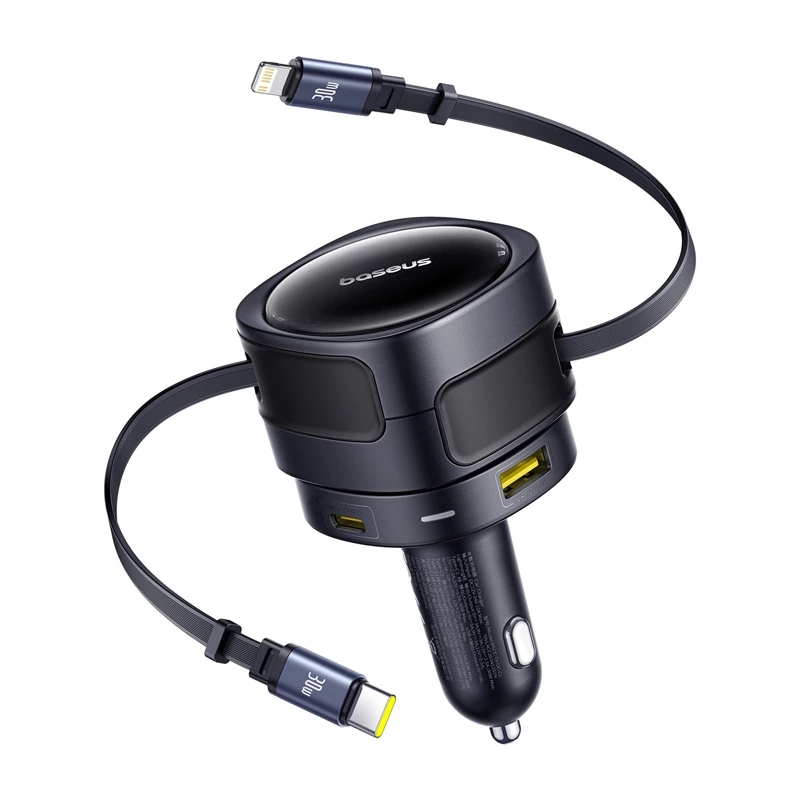 Automobilinis įkroviklis Baseus Enjoyment Max 90W su USB-C, Lightning ir USB-A prievadais