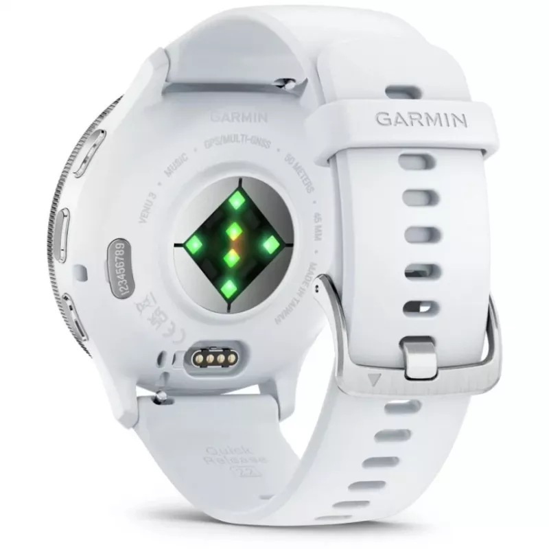Išmanusis laikrodis GARMIN Venu 3 — 1,4 colio AMOLED, 45 mm korpusas, GPS, Wi‑Fi, 8 GB, sidabrinis/baltas, silikoninis dirželis