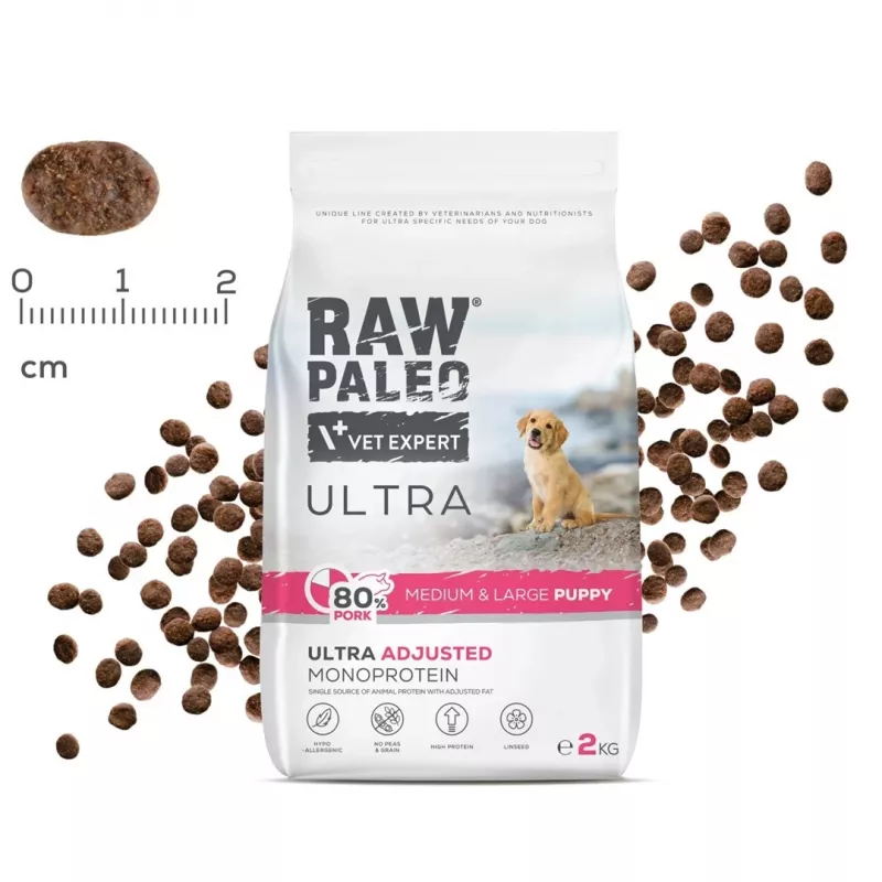 VETEXPERT RAW PALEO Ultra Pork Medium & Large Puppy sausas šunų maistas 2 kg