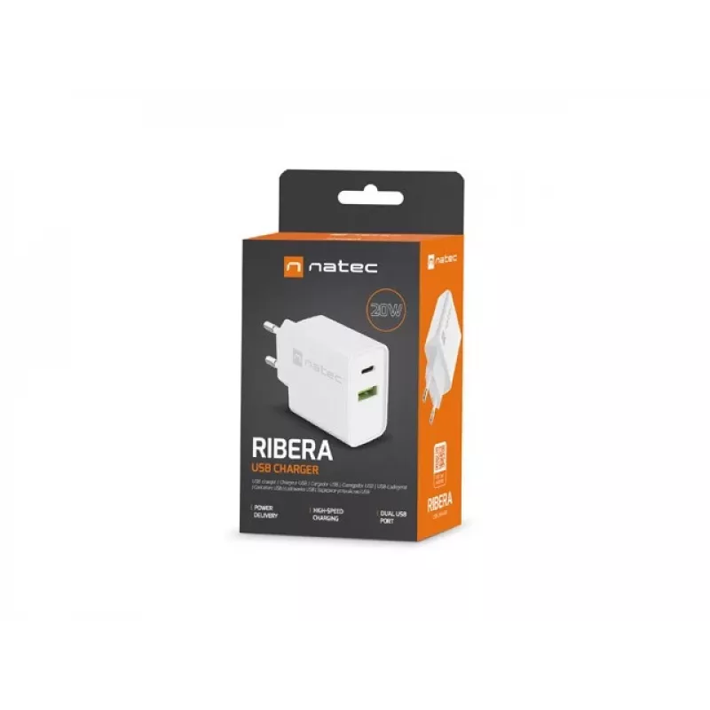 Vidinis AC greito įkrovimo įkroviklis NATEC RIBERA 12V 20W USB-C PD 3.0 + USB-A Samsung AFC baltas