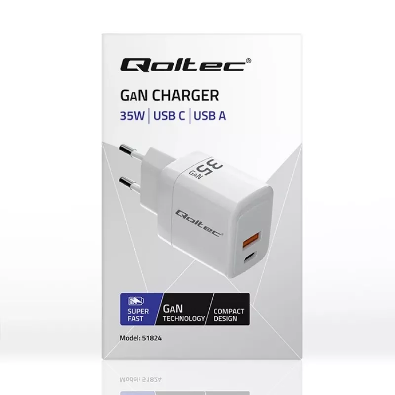 Įkroviklis QOLTEC 51824 GaN 35W USB-C PD & USB QC 3.0, 5–20V, 1x USB-C, 1x USB-A