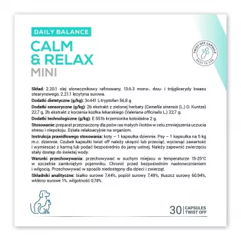 Raminantis papildas VETEXPERT Calm&Relax Mini — 30 kapsulių mažiems šunims ir katėms, 100 g, be cukraus, be glitimo