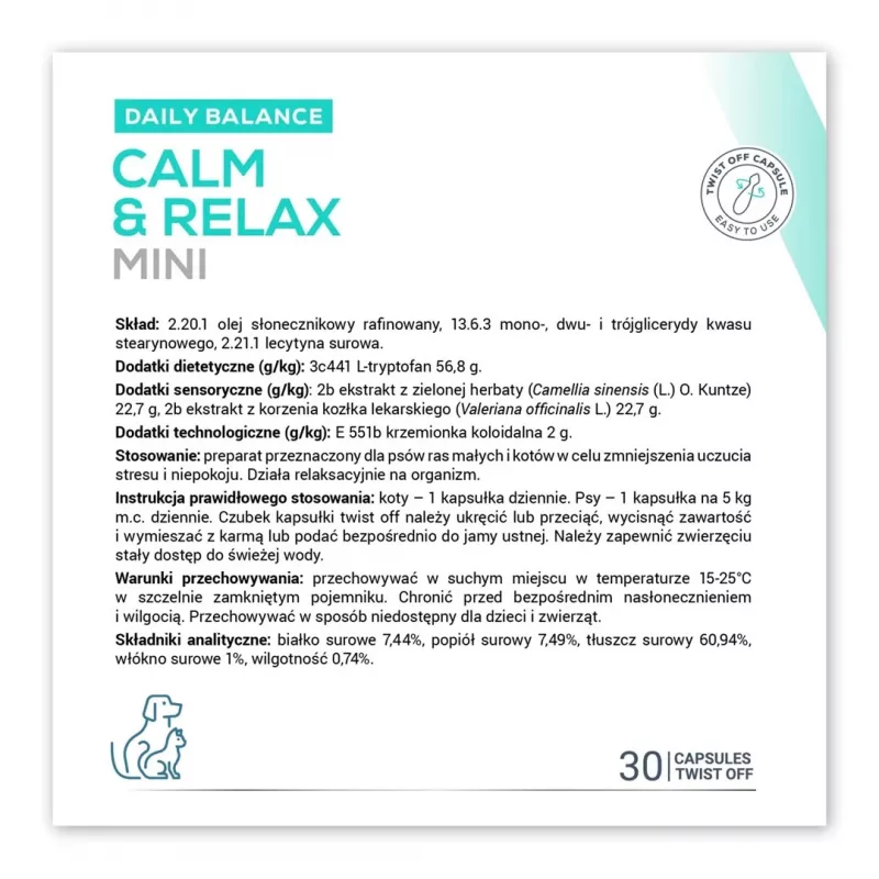 Raminantis papildas VETEXPERT Calm&Relax Mini — 30 kapsulių mažiems šunims ir katėms, 100 g, be cukraus, be glitimo