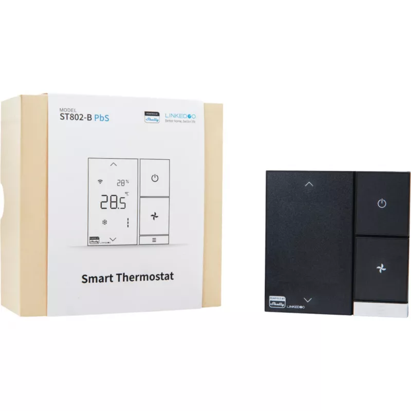 Išmanusis ŠVOK termostatas „Shelly LinkedGo Juoda“ – skaitmeninis, Wi‑Fi (802.11b/g/n), 87×87×35 mm