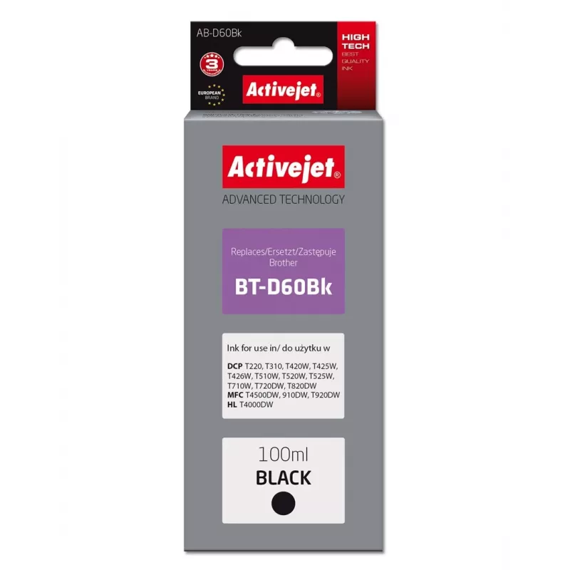 Activejet AB-D60Bk rašalo kasetė (pakaitalas Brother BT-D60Bk; Supreme; 100 ml; Juoda)