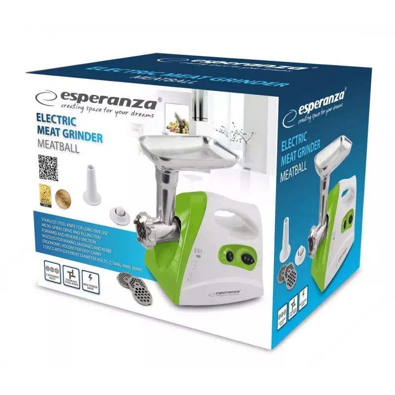 Mėsmalė ESPERANZA EKM012G — 600 W, nerūdijančio plieno ašmenys, dešrų antgalis, kebabų formavimo antgalis, reversinė funkcija, neslidžios kojelės, balta/žalia