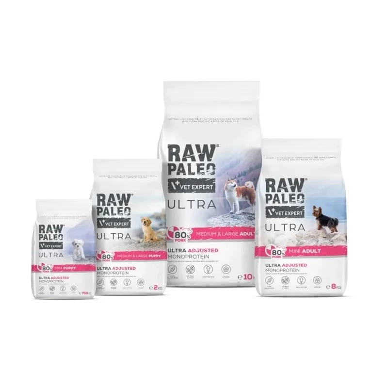 Sausas šunų maistas VETEXPERT RAW PALEO Ultra Pork Mini Adult 2 kg — suaugusiems mažų veislių šunims, kiauliena, 31% baltymų, 17,5% riebalų