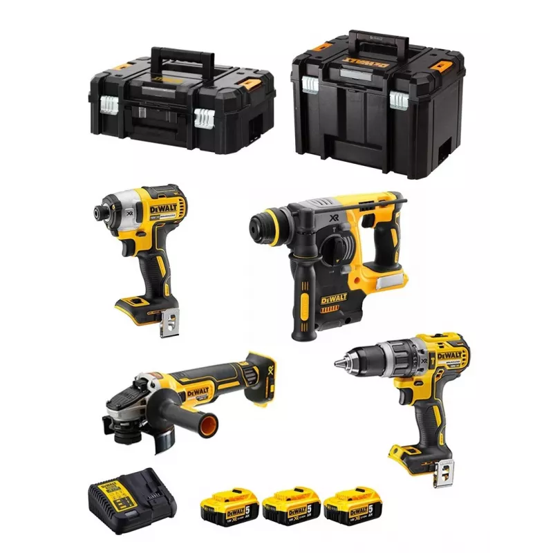 Įrankių rinkinys DeWalt DCK422P3T-QW belaidis komplektas 18V 5Ah (3 baterijos), gręžtuvas/suktuvas DCD796, rotorinis kūjis, 4 cm mediena, 1.3 cm plienas