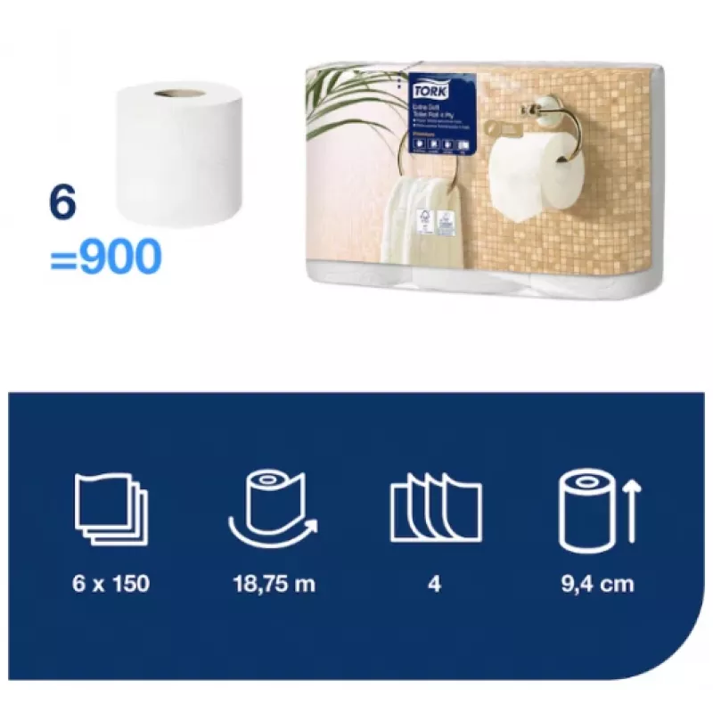 Tualetinis popierius Tork Premium Extra Soft Conventional T4 — 4 sluoksnių ritinėliai 9,7 cm x 19,1 m, pakuotėje 6 vnt.