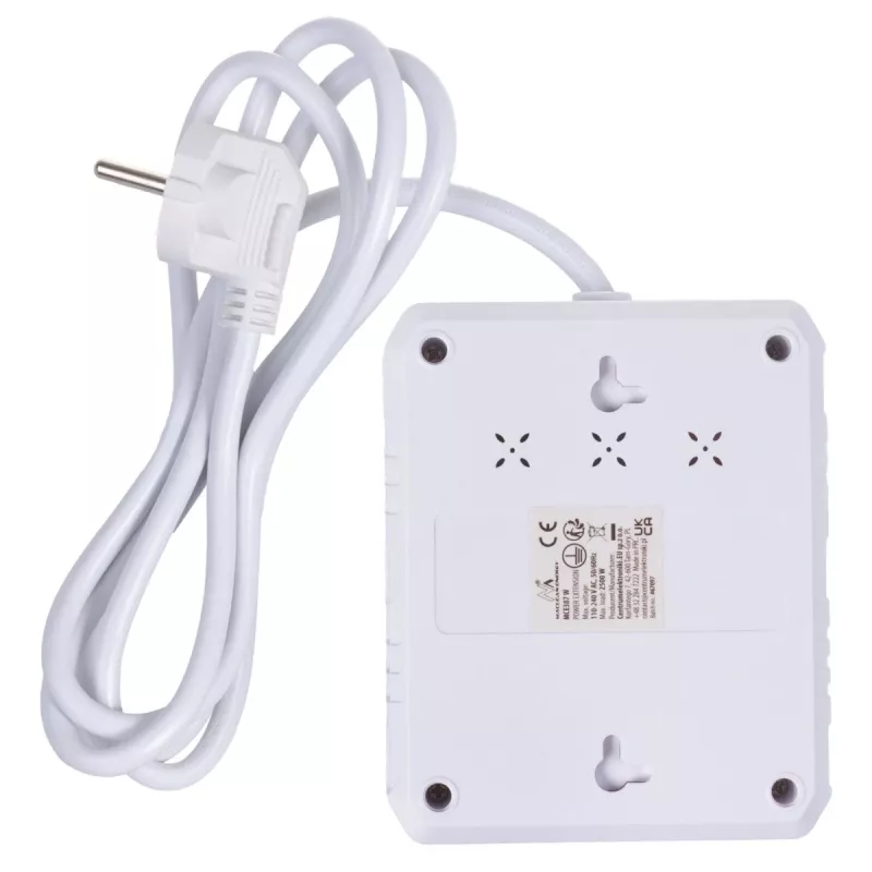 Maitinimo šakotuvas MACLEAN MCE387 W — 2 lizdai, 3×USB A, 110–240 V, 2500 W, 1,5 m kabelis, baltas