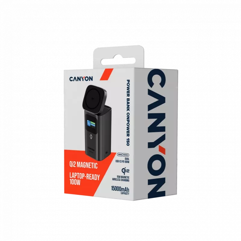 CANYON Qi2 magnetinis maitinimo blokas OnPower 150 15000mAh Aliuminis tamsiai pilkas