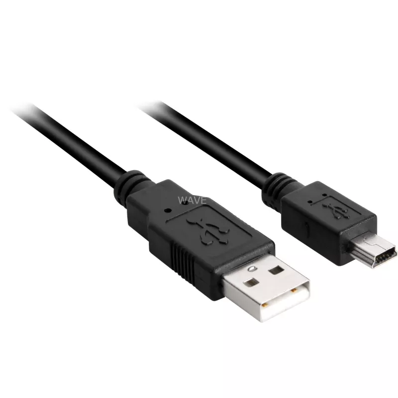 USB 2.0 laidas, USB-A kištukas > Mini-USB kištukas (juodas, 1,0 metro, dvigubai ekranuotas)