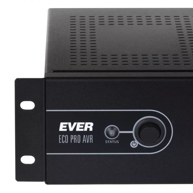 Į stovą montuojamas linijinės sąveikos UPS EVER ECO Pro 1200 AVR CDS, 1,2 kVA (650 W išvestis), 2U, 3× C13, USB-B, AVR, VRLA 12 V 5 Ah ×2