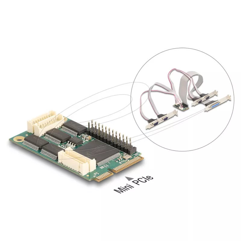 Vidinė Mini PCIe sąsajos plokštė DELOCK 95279 — nuoseklioji priegloba, Mini PCIe išvestis, RS-232 palaikymas, 460,8 Kbit/s, FIFO 256 B, 30 × 51 × 10 mm