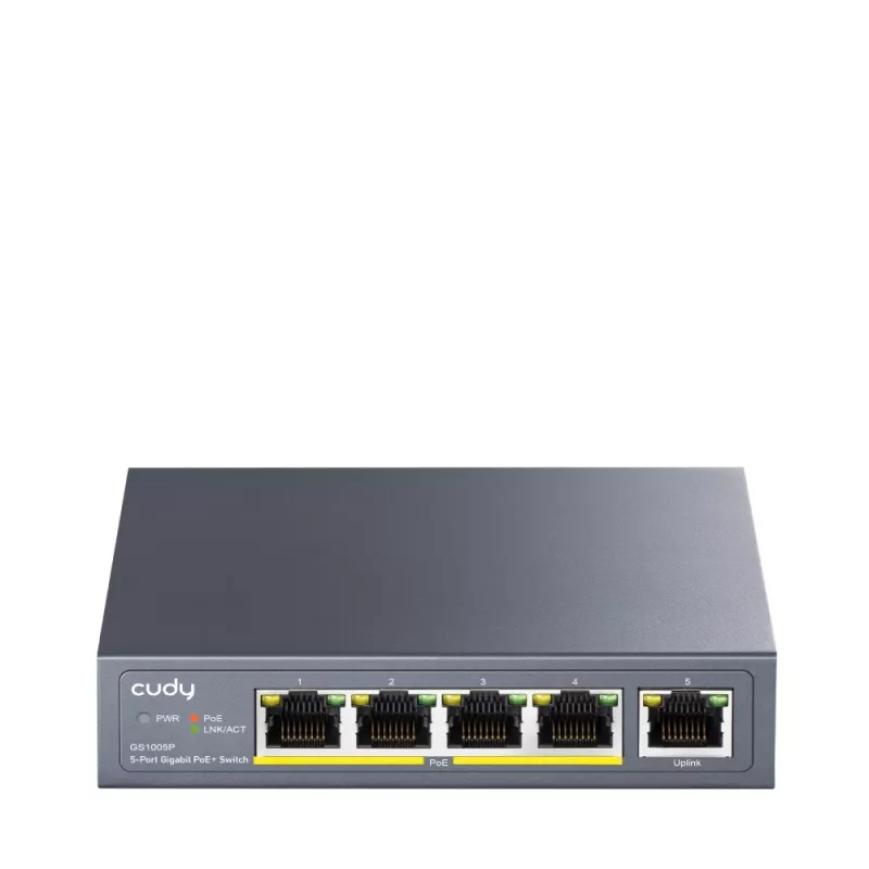 Tinklo komutatorius Cudy GS1005P — 5 prievadų Gigabit Ethernet su 4 PoE prievadais, 60W bendra galia, metalinis korpusas, montuojamas į stovą