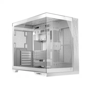 PC korpusas MODECOM Volcano Panorama Midi Tower baltas — micro ATX, grūdintas stiklas, ARGB, USB-C, palaiko GPU iki 400 mm
