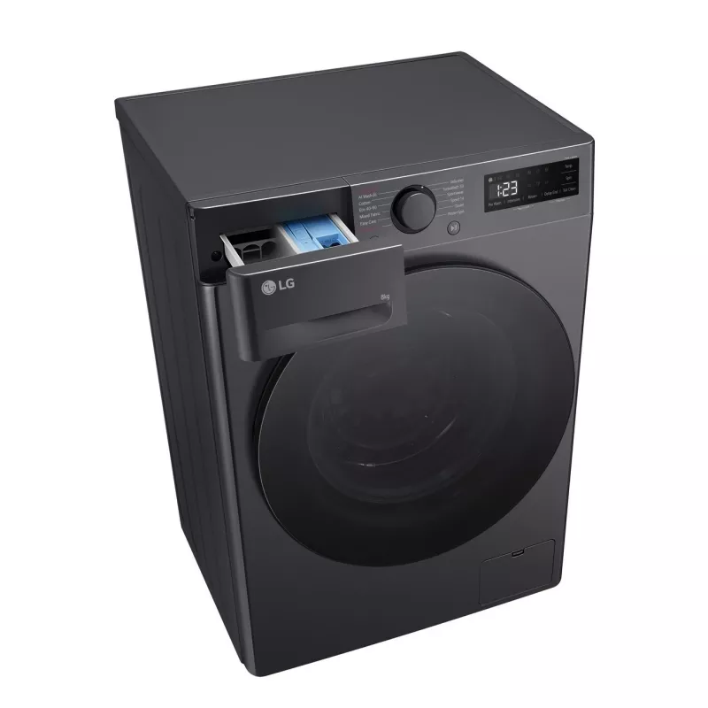 Skalbimo mašina LG F2WR508S2M — priekinio įkrovimo, 8 kg, 1200 aps./min, A efektyvumo, 60×48 cm, LED, vidutiniškai juoda