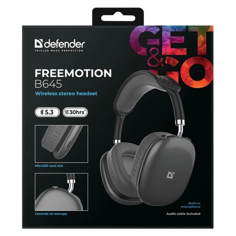Belaidės ausinės DEFENDER EEMOTION B645 — binauralinės, galvos lankelis, USB-C, AUX, uždaros, apgaubiančios, 20–20000 Hz, 105 dB