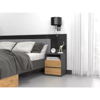 Naktinis staliukas top e shop M1 ANTRACYT/ARTISAN, ąžuolas, 2 stalčiai, 400×320×590 mm