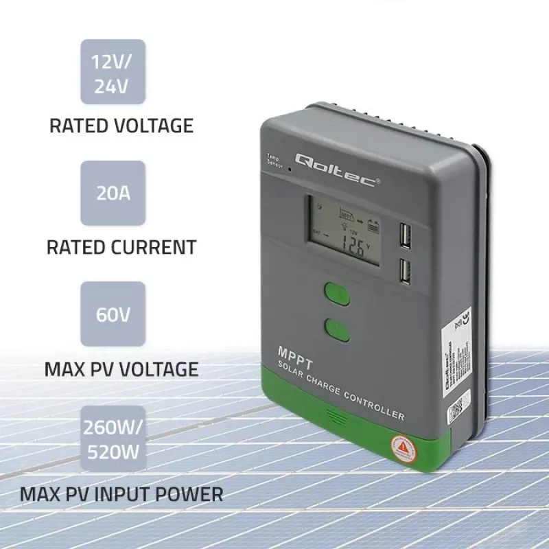 Qoltec, saulės MPPT įkrovimo valdiklis su temperatūros jutikliu 20A 12V/24V Ekranas LCD 2 x USB