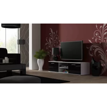 TV staliukas cama meble SOHO 140 — 1400×430×370 mm, baltas viršus, medžio drožlių plokštė, baltas rėmas, juodi blizgūs fasadai