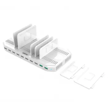 Įkrovimo stotelė Unitek Y-2190A — 10× USB prievadų (8×USB2.0 + 2×USB3.2 Gen1), belaidis įkrovimas, 96W bendra galia
