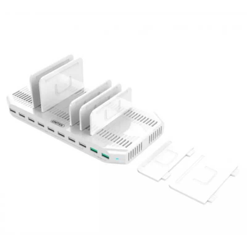 Įkrovimo stotelė Unitek Y-2190A — 10× USB prievadų (8×USB2.0 + 2×USB3.2 Gen1), belaidis įkrovimas, 96W bendra galia