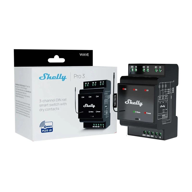 DIN bėgio išmanioji relė Shelly WavePro3 3 kanalų Z-Wave, 110–240 V, 25 A kanalui, AES-128, DIN montavimas