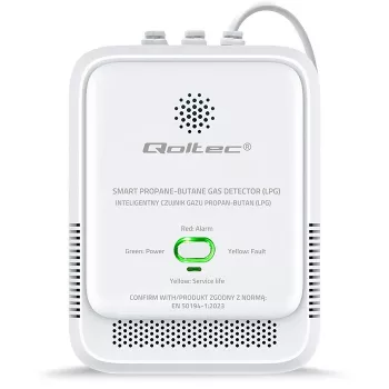 Dujų nuotėkio jutiklis QOLTEC 52652 — propano/butano (SND) detektorius, 85 dB signalizacija, LED indikatorius