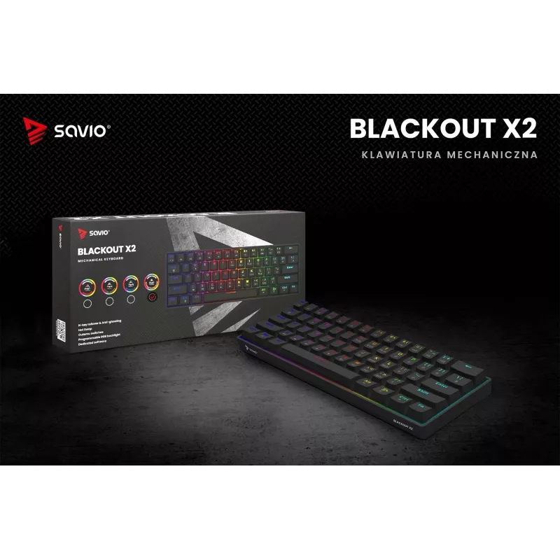 Mechaninė žaidimų klaviatūra SAVIO JuodaOUT X2 PEACH — 61 klavišų 60 % QWERTY, RGB LED, karštasis keitimas, USB Type-A/Type-C, nuimamas laidas