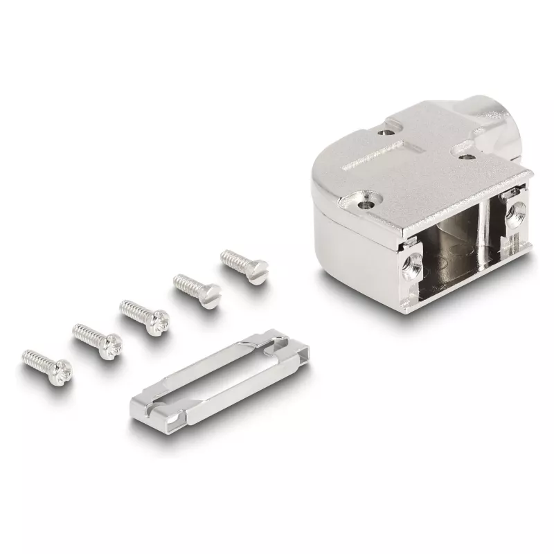 Kabelio gaubtelis DELOCK D-Sub korpusas 9 kontaktų kištukui/lizdui su metaliniu laikikliu 90° kampu, sidabrinis, 33×47×16 mm