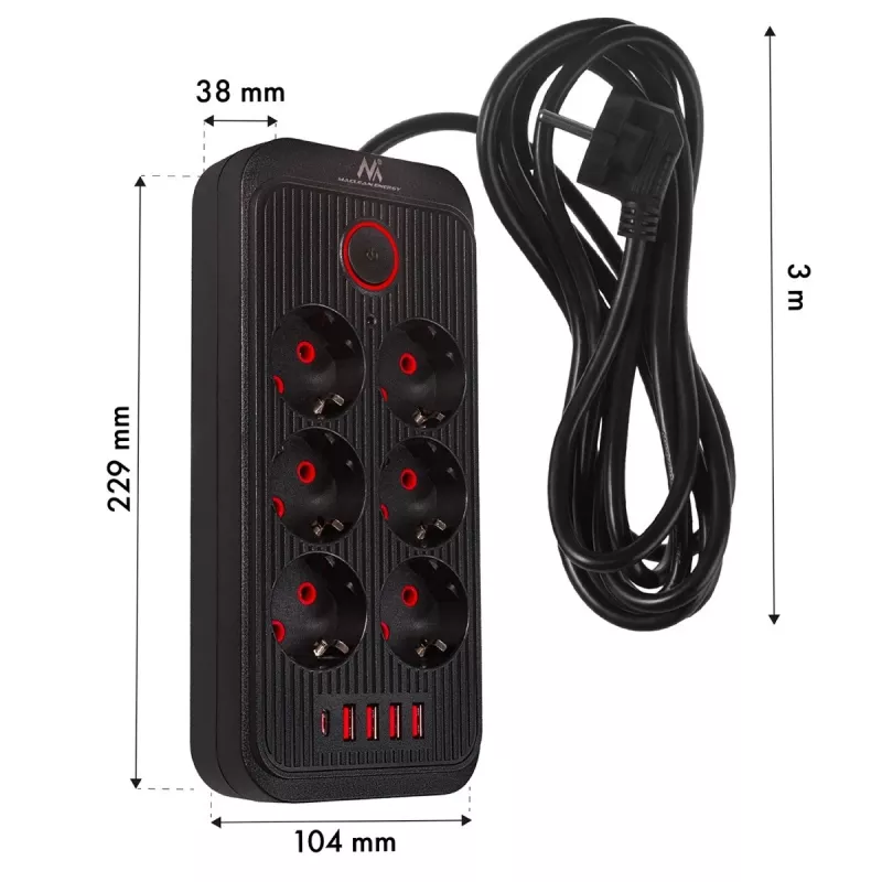 Maitinimo lizdas MACLEAN MCE391 B – 6 lizdai, 4×USB-A + 1×USB-C, 110–240V, 2500W, 3 m kabelis, juodas
