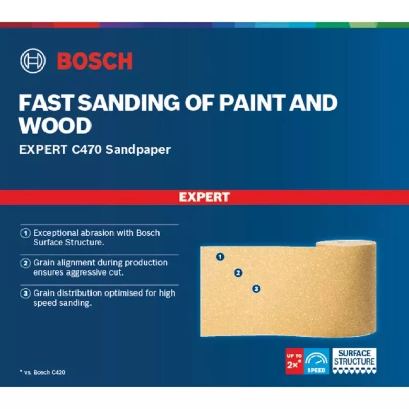 Bosch Expert C470 šlifavimo ritinys, Abrazyvinis ritinys, Vidutinio grūdėtumo, P100, Baigiamieji darbai, Dažų šalinimas, Mediena, Sausas šlifavimas