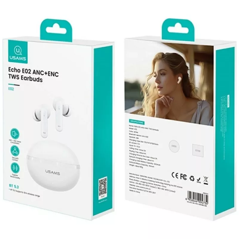 Bluetooth ausinės Usams TWS E02 ANC+ENC baltos