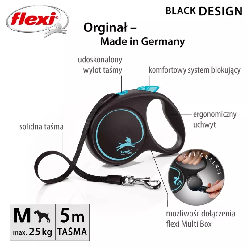 Ištraukiamas šunų pavadėlis Flexi flexi Juoda Design M — 5 m ilgio, juostinis, maks. apkrova 25 kg, ergonomiška rankena