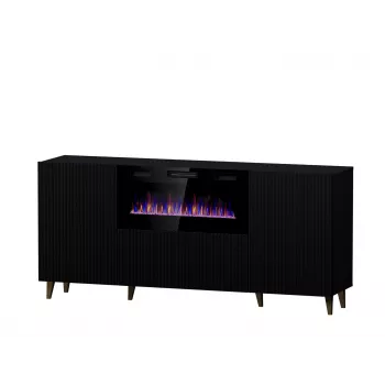 Komoda su elektriniu židiniu Cama Meble PAFOS 180x42x82 cm matinė juoda, 3 durys, 2 lentynos, 1400–1600 W
