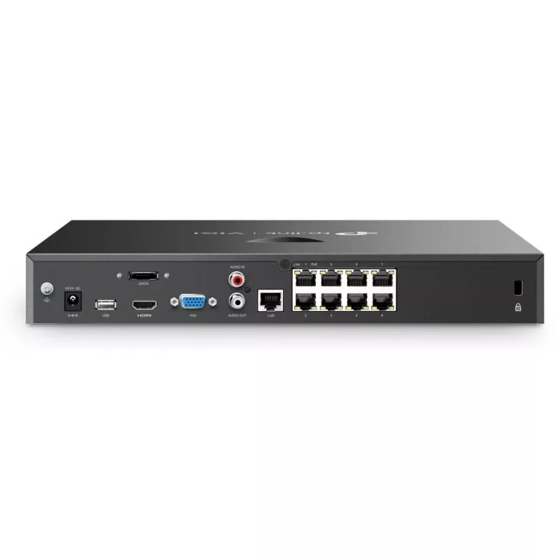 Tinklo vaizdo registratorius TP-Link VIGI NVR2008H-8MP-2TB — 8 kanalų, 4K (3840×2160), 2 TB SATA HDD, 9× RJ-45, juodas