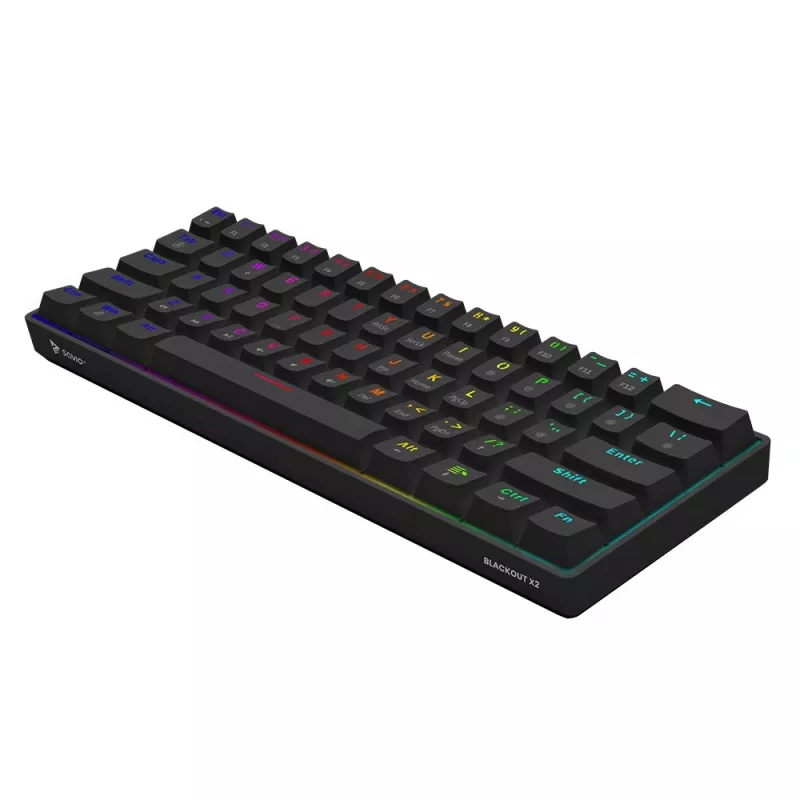 Mechaninė žaidimų klaviatūra SAVIO JuodaOUT X2 PEACH — 61 klavišų 60 % QWERTY, RGB LED, karštasis keitimas, USB Type-A/Type-C, nuimamas laidas