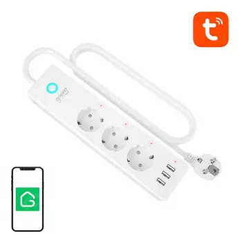 Maitinimo lizdas Gosund P1 PLUS — išmanusis Wi‑Fi apsaugos nuo viršįtampių skirstytuvas su 3× AC Schuko lizdais ir 3× USB‑A prievadais