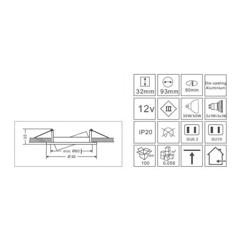 Synergy 21 LED Retrofit GU10 / GX5,3 lubų įmontuojamas komplektas D08-Balta